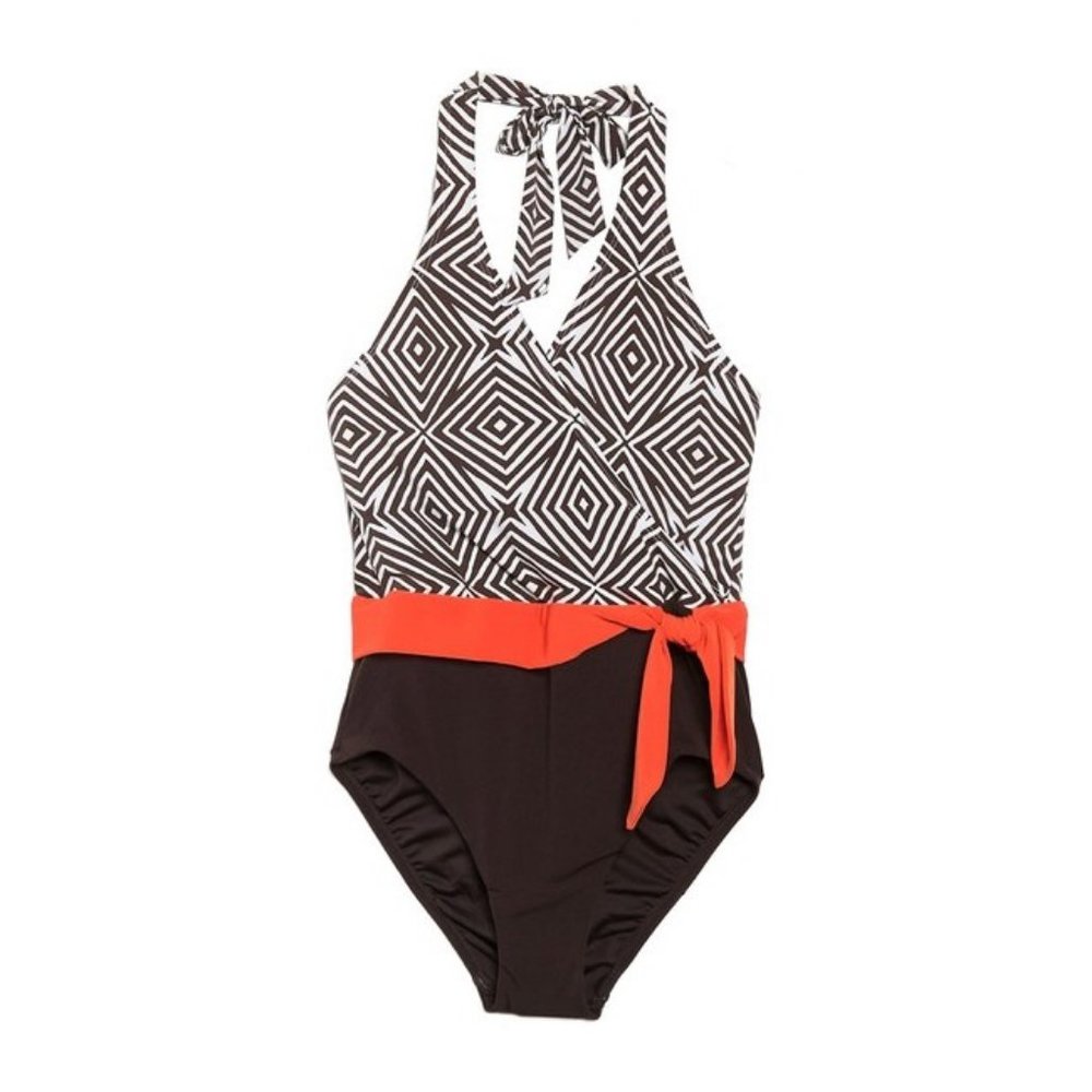 Tahari Colorblock Halter One-Piece Swimsuit Brown